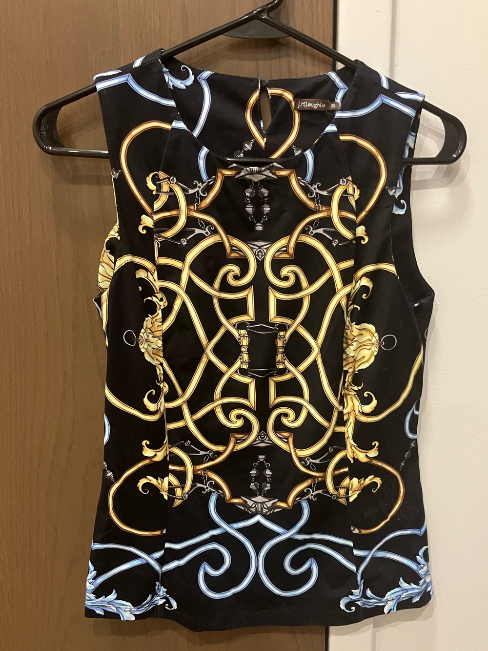 J. McLaughlin Black Sleeveless Top with Gold Baroque Motif XS